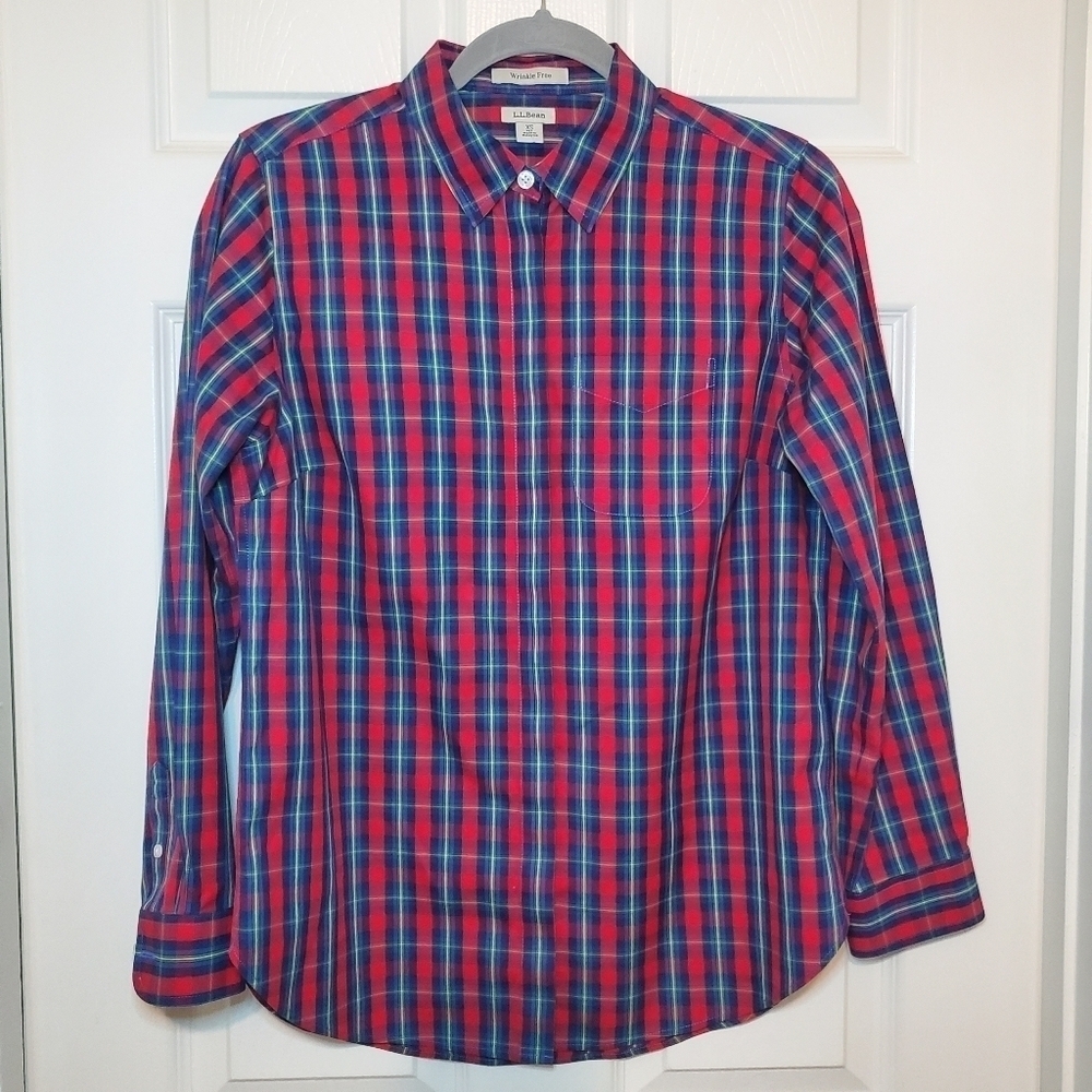 L.L. Bean Women's Wrinkle-Free Pinpoint Oxford Shirt Long-Sleeve Plaid Size XS